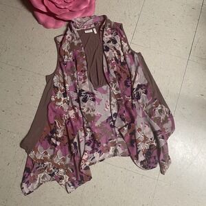 LOGO By Lori Goldstein‎ QVC Sz L Vest Top Open Front Draped Pink Floral Chiffon